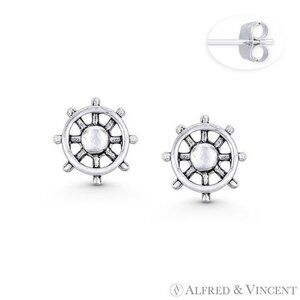 Helm Wheel Nautical Charm Stud Earrings in Oxidized .925 Sterling Silver